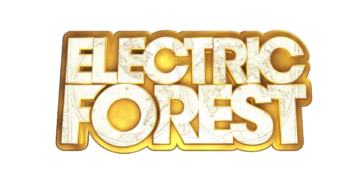The image features the words "Electric Forest" in bold, capitalized letters with a textured, golden design against a transparent background.