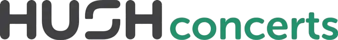 The image shows the "HUSH concerts" logo, with "HUSH" in bold black letters and "concerts" in green lowercase letters.