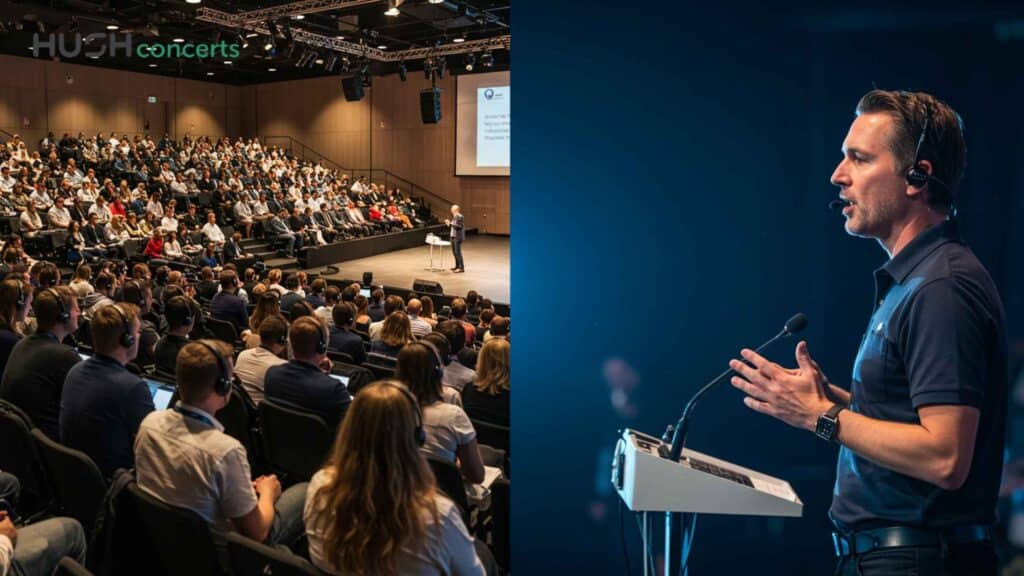 A large audience listens to a speaker on stage at a conference. On the right, a close-up shows a man wearing a headset speaking at a podium with microphones, highlighting the concept of silent conferences. The event branding "HUSH concerts" appears in the top left.