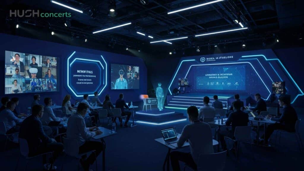 A futuristic conference room with blue lighting, featuring silent conferences where the audience is seated at tables, large screens display virtual participants, and a holographic presenter stands on stage under digital displays.