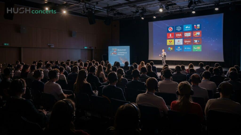 A speaker stands on stage presenting to a large seated audience in a dark conference room. A screen behind the speaker displays colorful logos, including the HUSH concerts logo—showcasing how to boost attendee engagement with silent conferences.