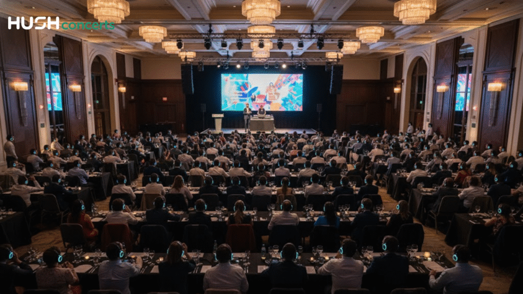 A large audience wearing headphones sits at tables in a grand conference hall, breaking language barriers with silent conferences. They face a stage with a screen displaying colorful graphics and presenters. “HUSH concerts” appears in the top left corner.