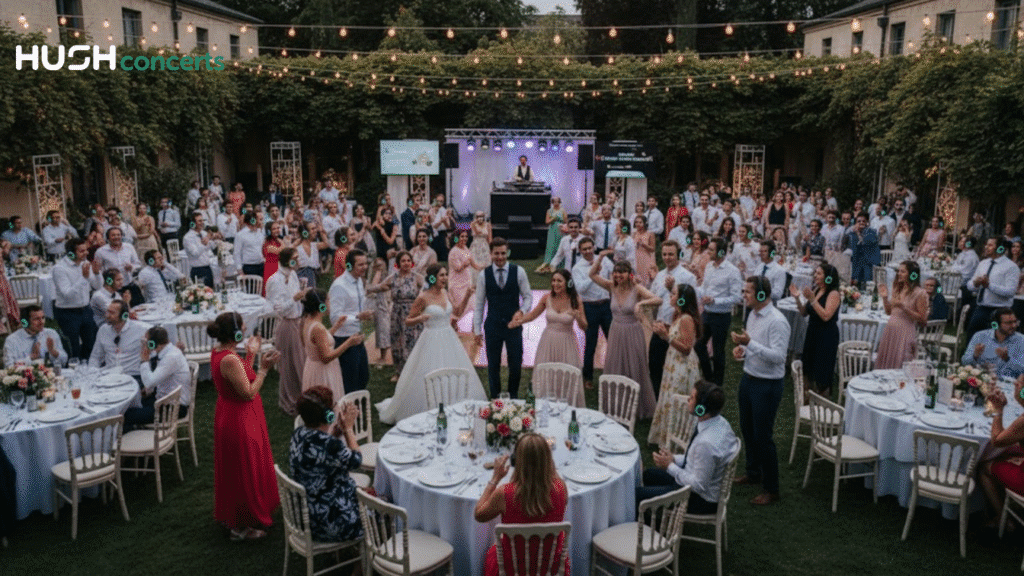 A large group attends an outdoor wedding reception at dusk, with round tables, string lights overhead, and a DJ on stage. Many guests wear headphones, breaking language barriers with silent conferences. The atmosphere is festive and elegant.
