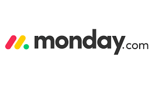 The monday.com logo features three diagonal shapes in red, yellow, and green—reminiscent of silent conference headphones—followed by the word "monday.com" in bold, black lowercase letters on a white background.