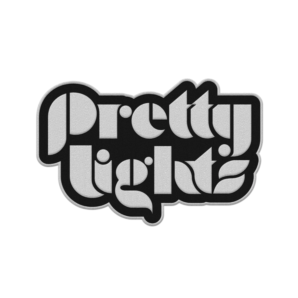 Stylized text logo reading "Pretty Lights" in bold, retro-inspired, rounded letters with a white and gray color scheme on a black background—perfect for branding your next silent concert rental event.